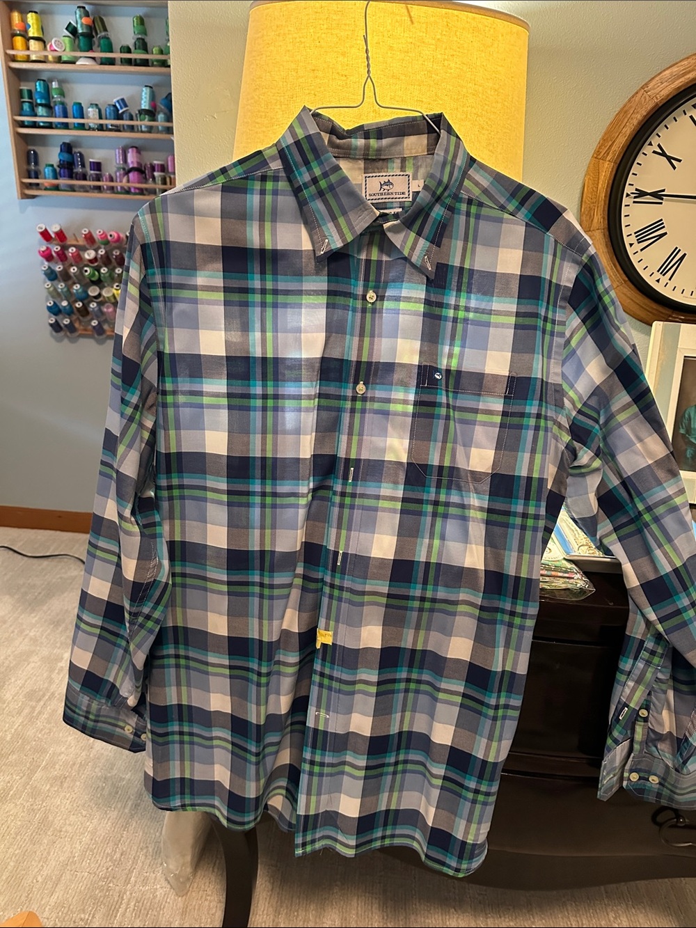 Southern Tide Green, blue & White Plaid Button-Down Shirt, size large